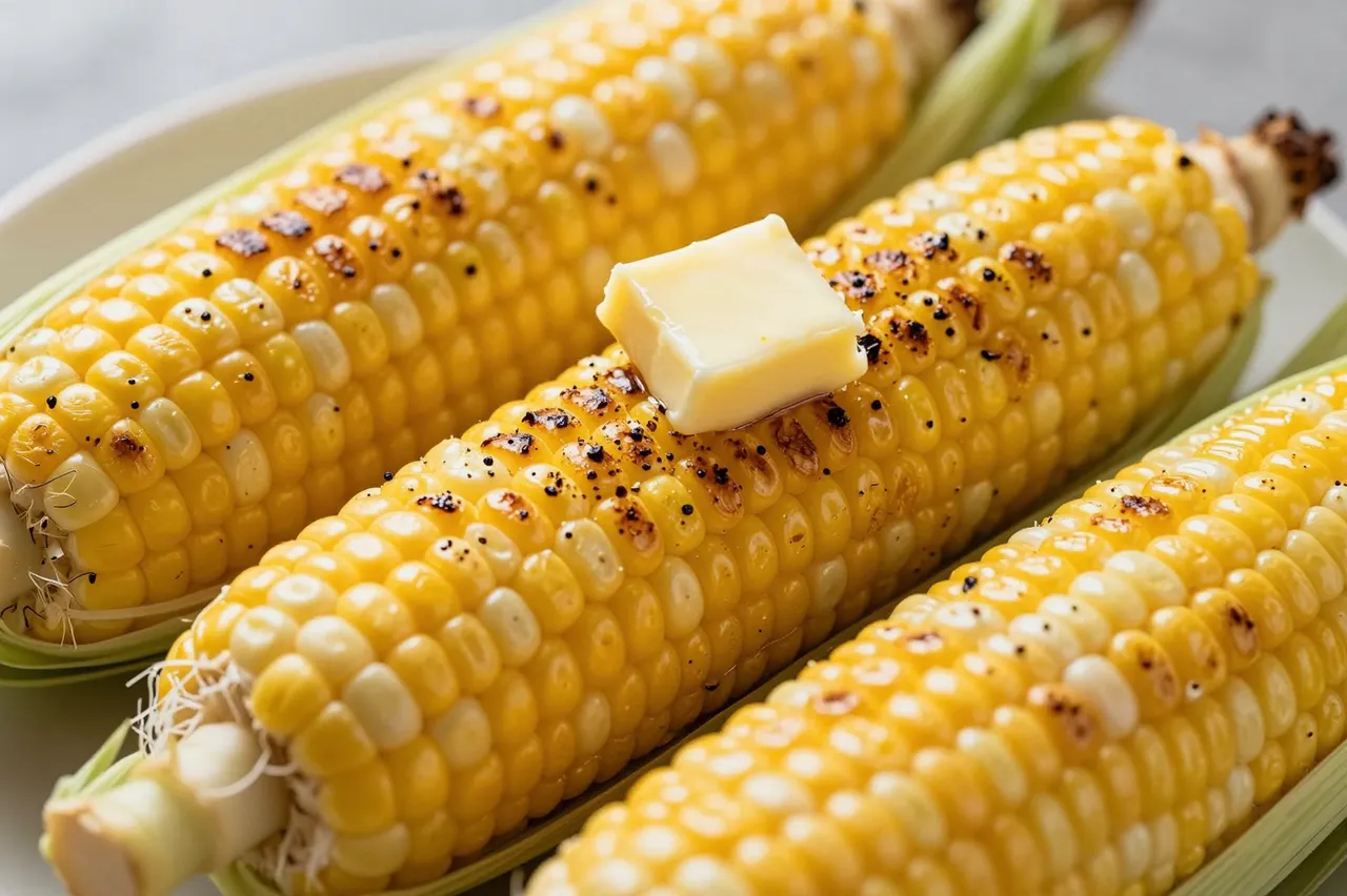 Four ears of grilled corn on the cob rest on a plate with a pat of melting butter on the front cob.