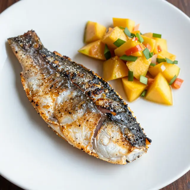 Blackened cooked fish fillet served with fresh mango salsa on a white ceramic plate