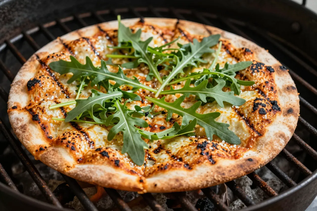 Charred flatbread pizza topped with fresh arugula sits on metal barbecue grates over charcoal.
