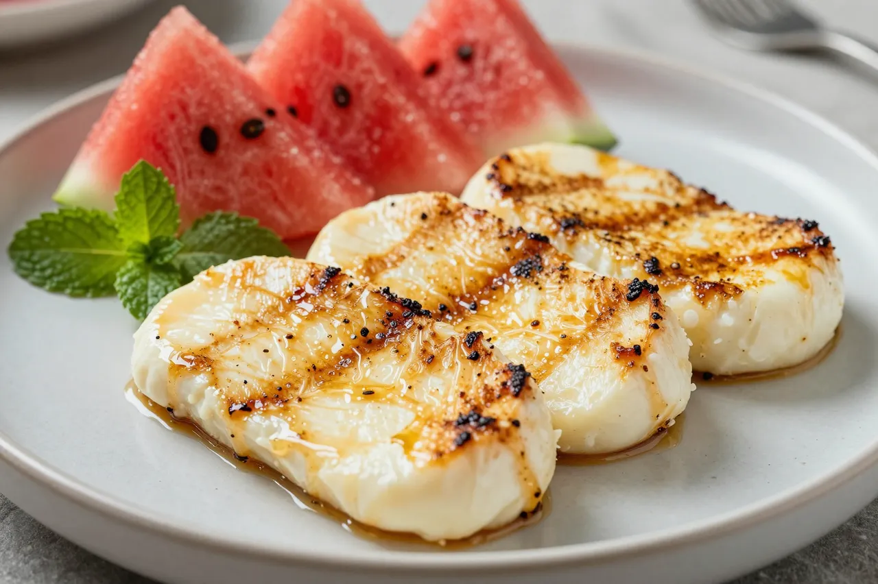 A light gray plate holds seared halloumi slices, watermelon wedges, and fresh mint leaves.