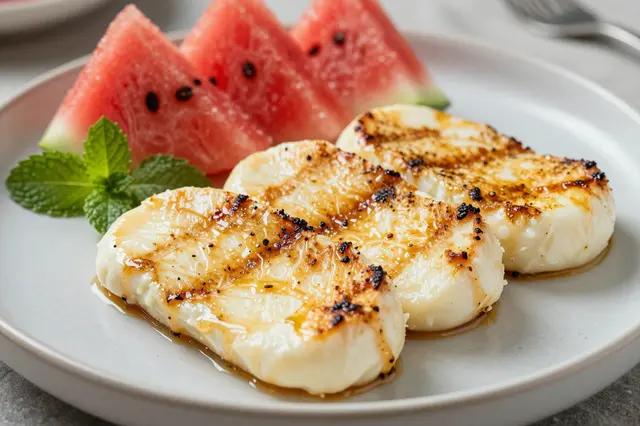 A light gray plate holds seared halloumi slices, watermelon wedges, and fresh mint leaves.