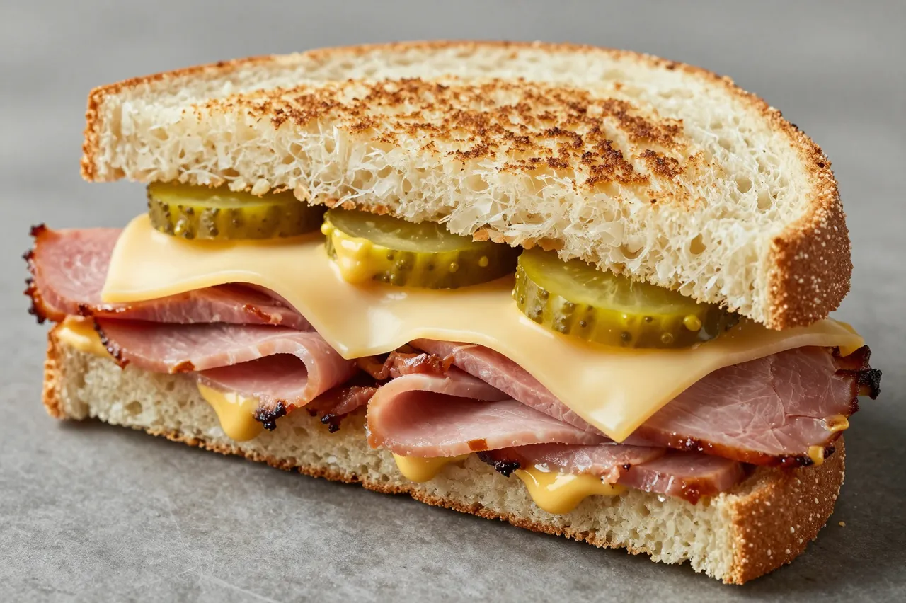 Pressed toasted sandwich layered with ham, cheese, pickles and mustard rests on a gray countertop