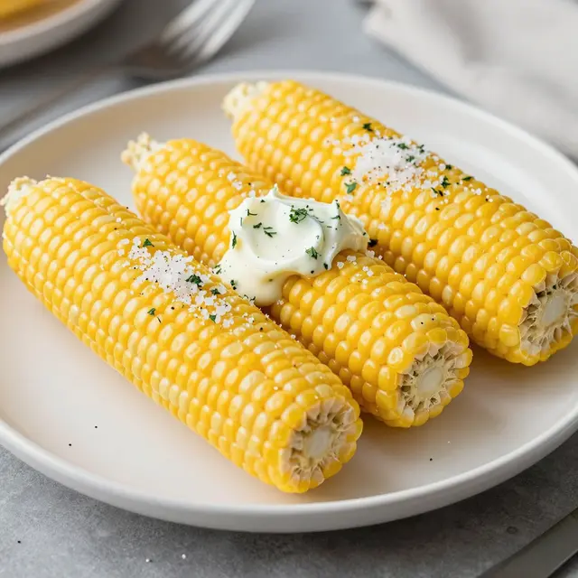 Four ears of corn on the cob topped with butter, flaky salt and herbs sit on a white ceramic plate.