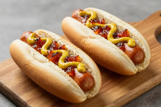 Two topped grilled hot dogs resting on a light wooden cutting board over a gray countertop