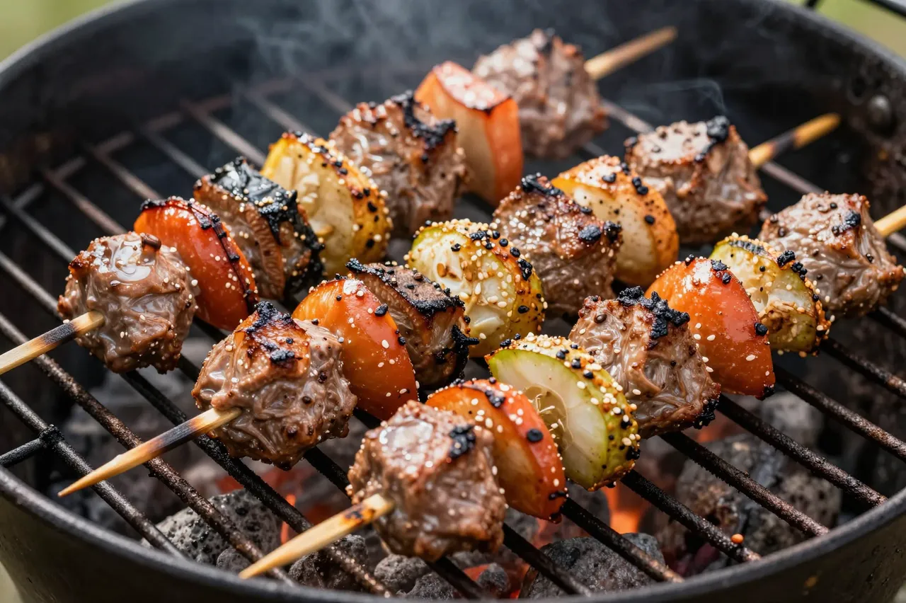 Seasoned grilled meat and vegetable skewers cook over hot coals on a charcoal barbecue grill with rising smoke.