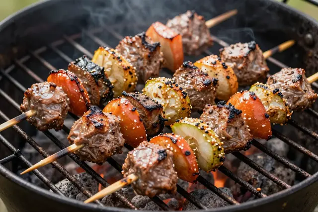 Seasoned grilled meat and vegetable skewers cook over hot coals on a charcoal barbecue grill with rising smoke.