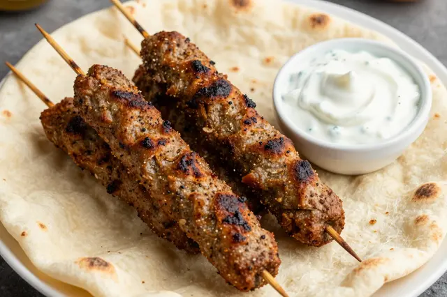 Grilled lamb kofta skewers sit on flatbread next to a small bowl of herbed yogurt sauce on a white plate.