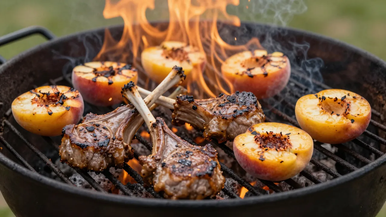 Lamb chops and halved peaches cook over open flames on a charcoal grill grate
