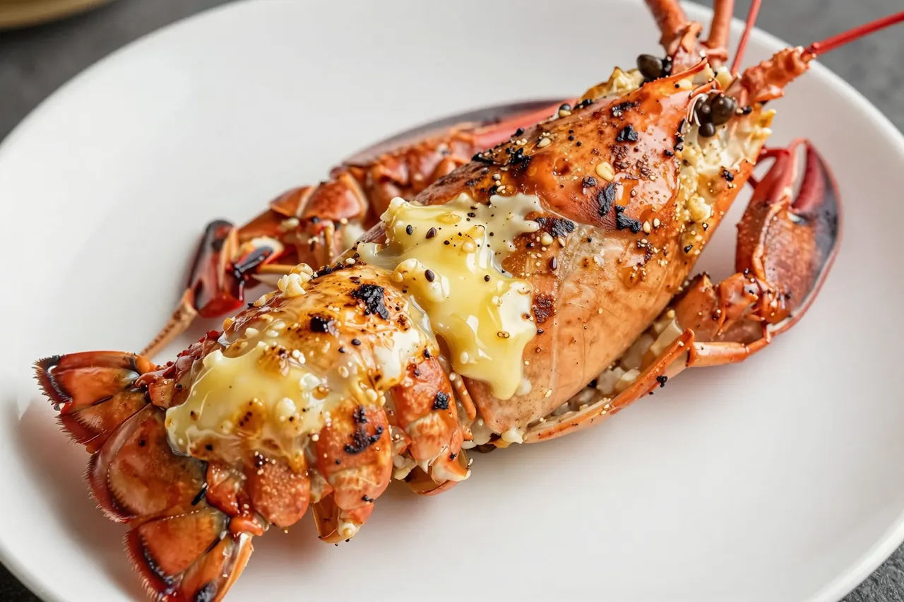 Cooked whole lobster drizzled with melted garlic butter rests on a plain white plate