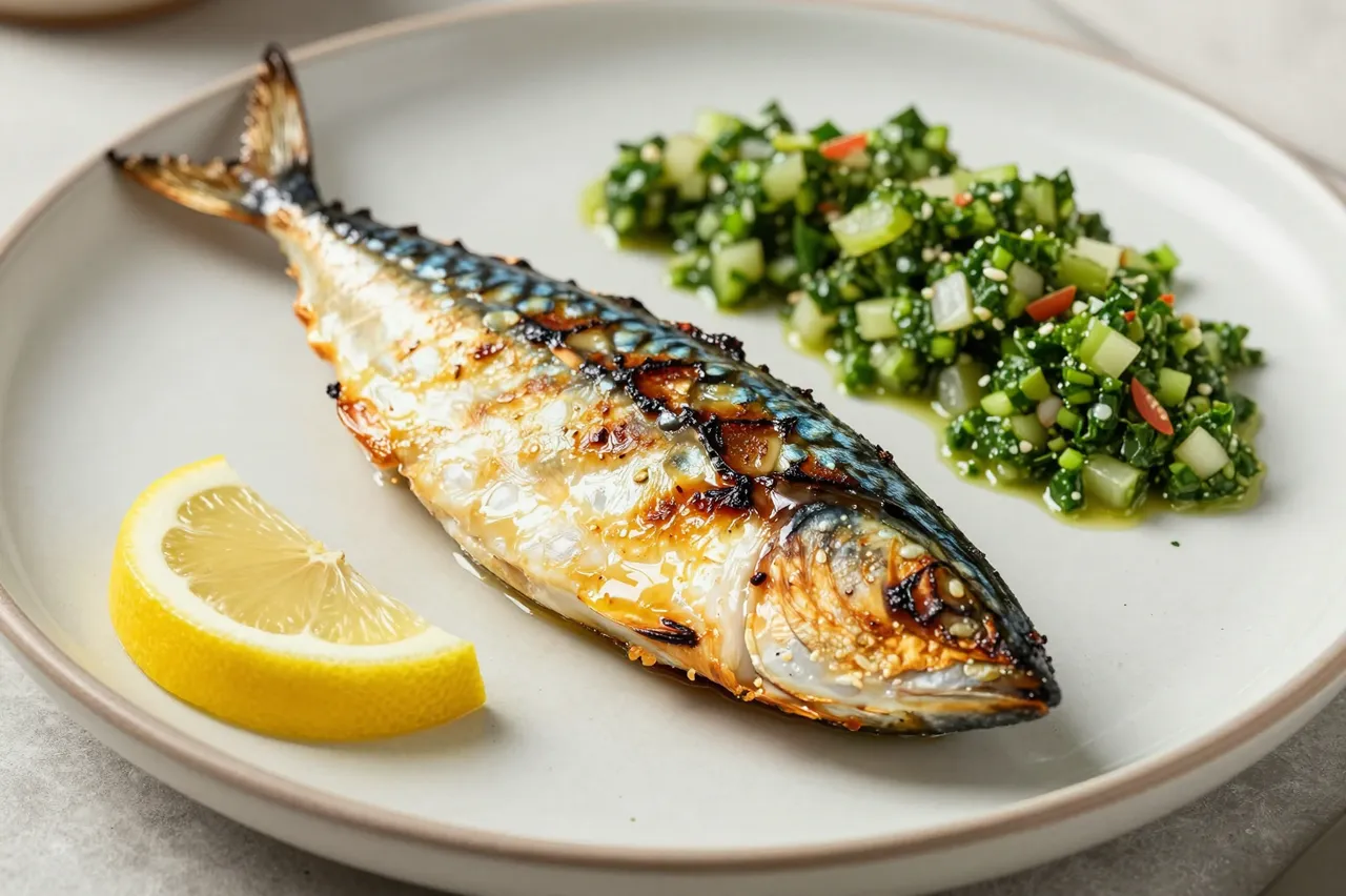 Whole grilled mackerel, a lemon wedge, and green herb salsa sit on a light rustic plate.
