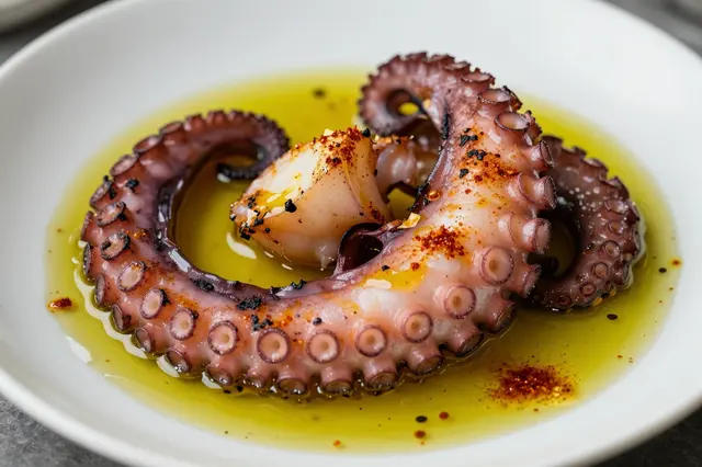 Seasoned grilled octopus resting in olive oil on a white ceramic plate