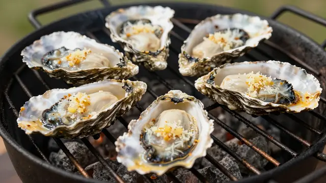 Six prepared oysters topped with garlic butter and parmesan cook on a small charcoal grill grate.