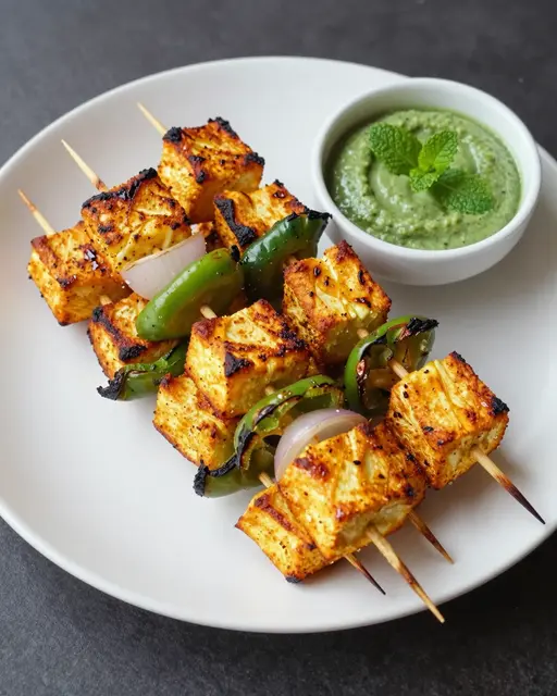 Plated paneer tikka skewers with charred peppers, onions and a side of mint chutney