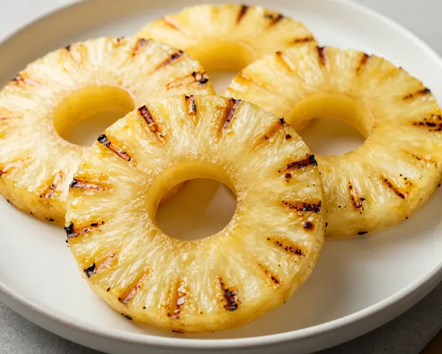Four caramelized grilled pineapple rings with dark sear marks rest on a plain white plate.