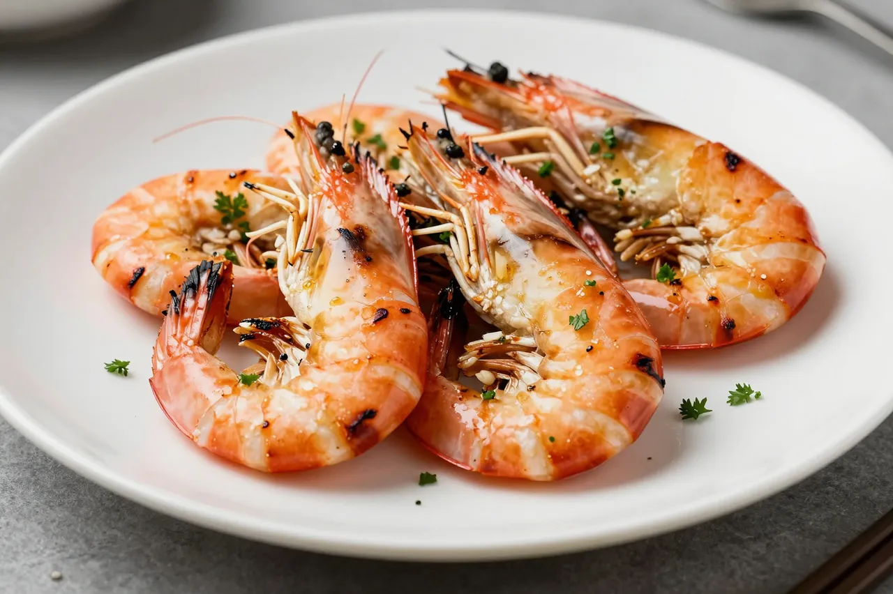 Charred grilled prawns garnished with garlic and parsley arranged on a plain white serving platter.