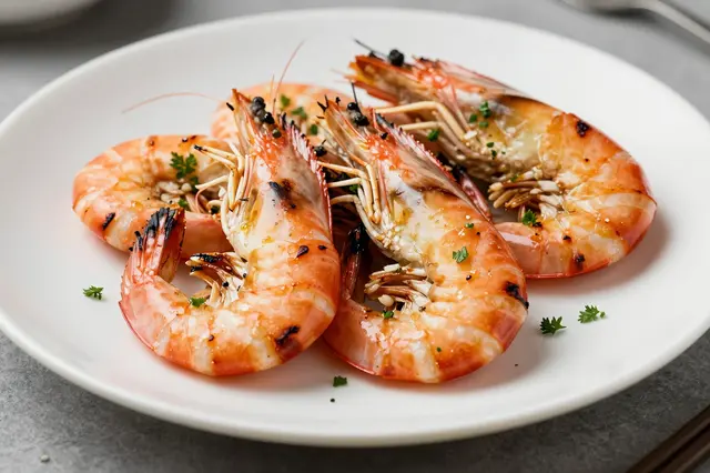 Charred grilled prawns garnished with garlic and parsley arranged on a plain white serving platter.