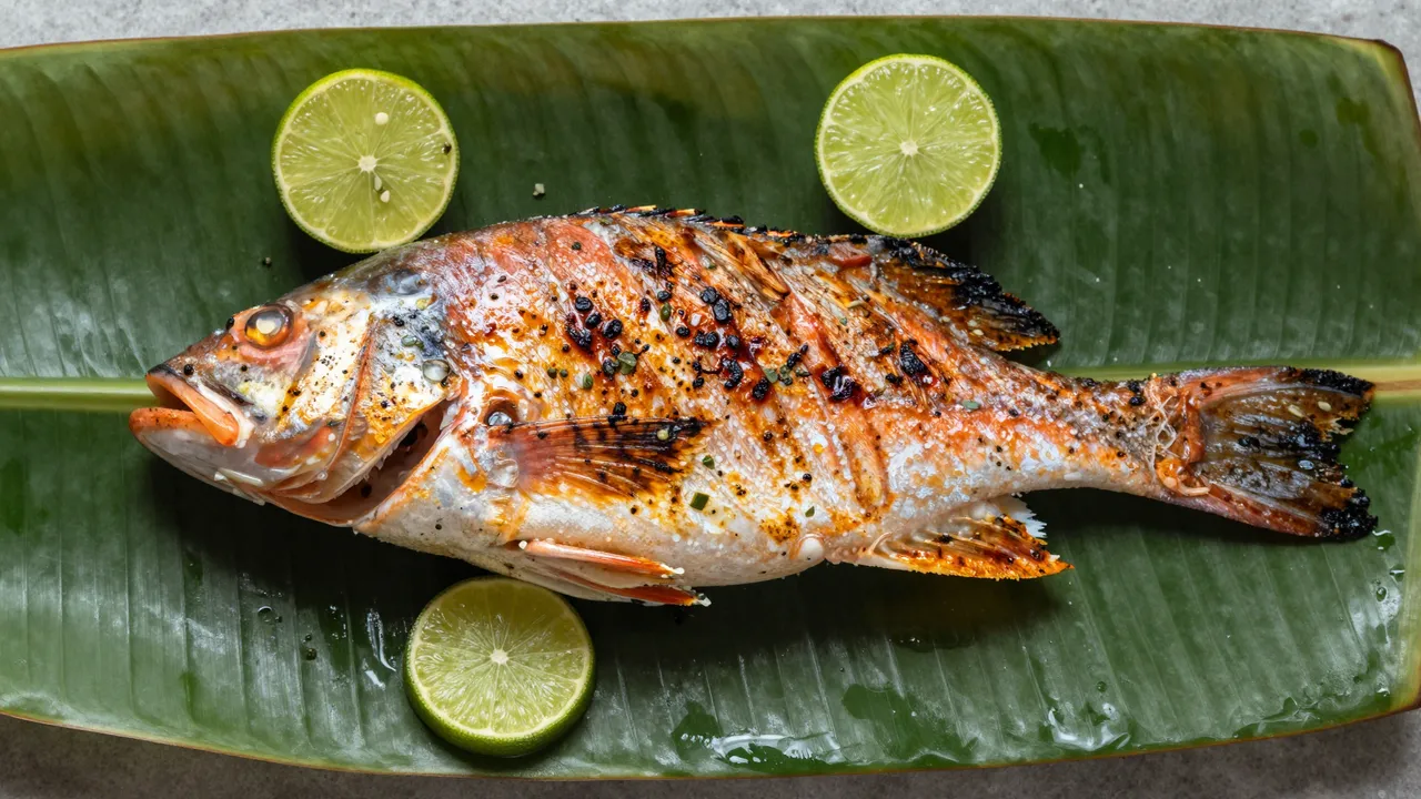 Top-down view of a whole grilled red snapper garnished with lime slices on a fresh banana leaf platter.