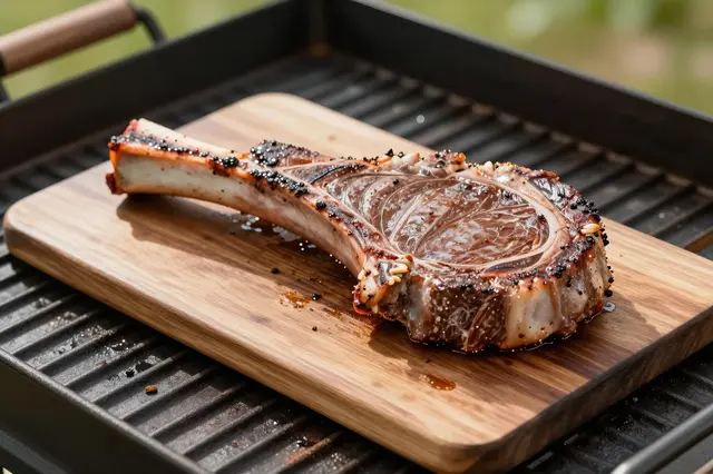Seasoned bone-in ribeye steak rests on a wooden cutting board placed over grill grates outdoors