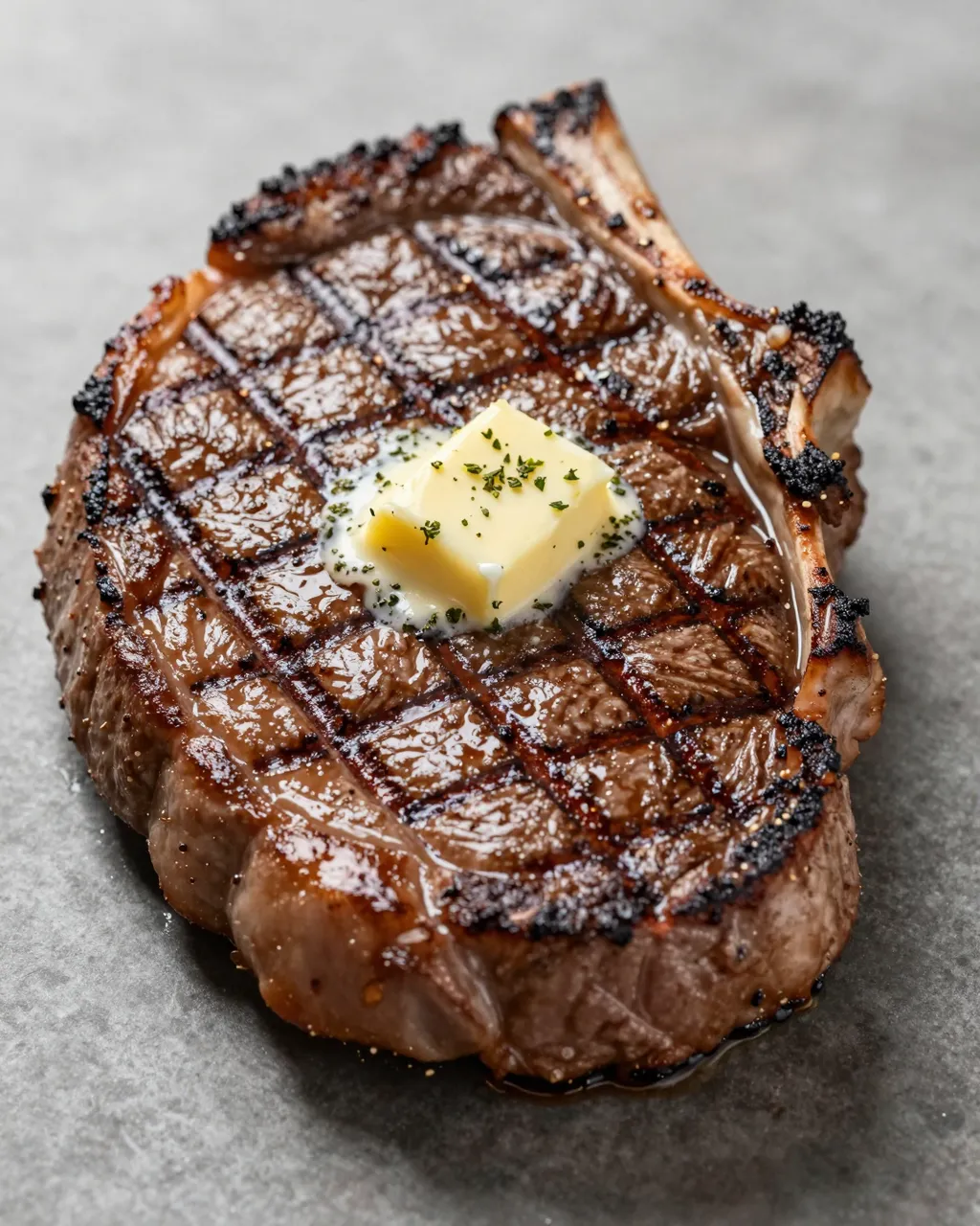 Bone-in ribeye steak with crosshatch grill marks sits topped with melting herb-flecked butter on a gray stone surface