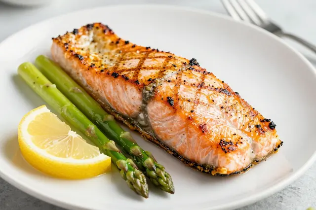 A plated grilled salmon fillet served with fresh asparagus and a lemon wedge