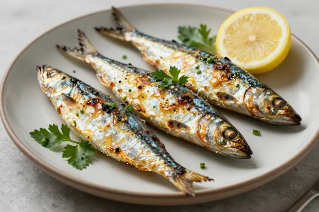 Three grilled sardines arranged on a rustic plate with lemon, fresh parsley, and seasoning.