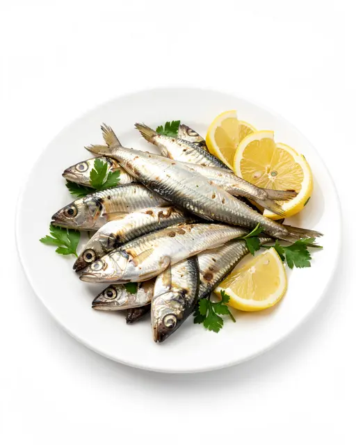 Cooked sardines arranged on a white plate with fresh lemon wedges and parsley garnish over a plain white background.