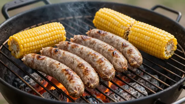Bratwurst sausages and ears of corn cook over glowing charcoal flames on a round barbecue grill with rising smoke.