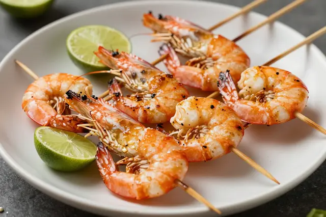 Plated grilled shrimp skewers with lime wedges and seasoning on a dark countertop