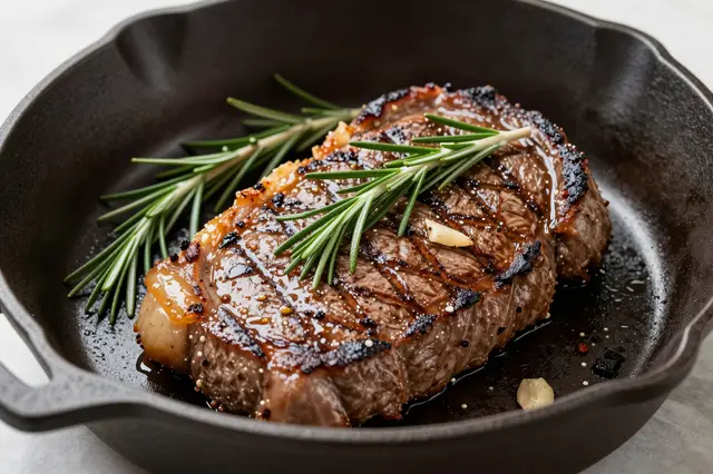 Seared grilled steak topped with fresh rosemary and garlic rests in a black cast iron skillet.