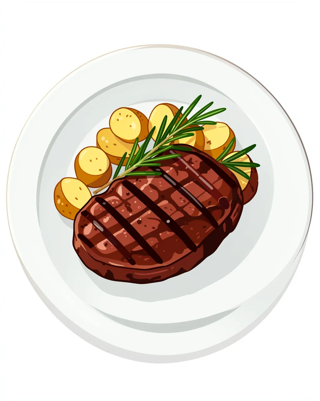Top-down flat vector illustration of grilled steak, rosemary and roasted potatoes served on a white plate.