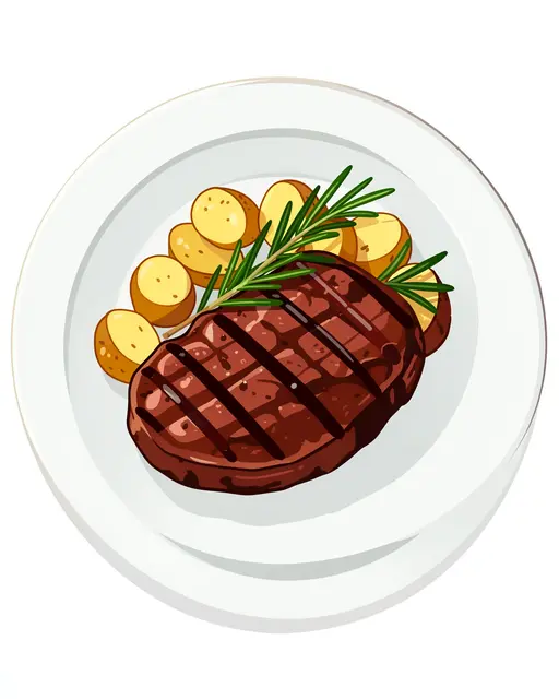 Top-down flat vector illustration of grilled steak, rosemary and roasted potatoes served on a white plate.