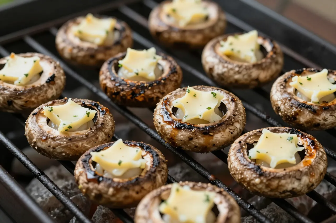 Stuffed portobello mushroom caps topped with herbed butter cook over charcoal on grill grates