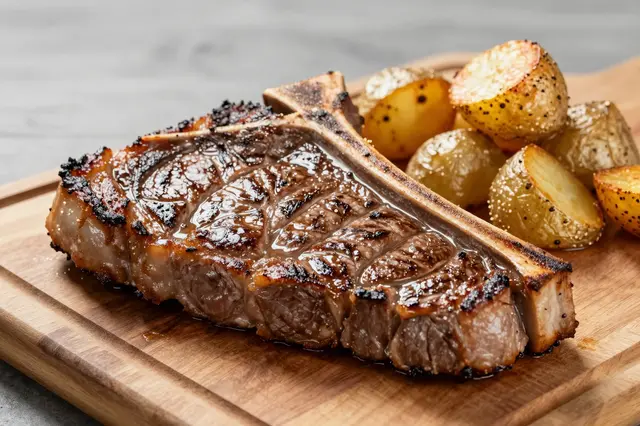 Juicy seared t-bone steak sits beside seasoned roasted potatoes on a wooden serving board