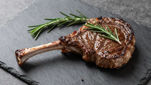 Seared tomahawk steak garnished with fresh rosemary rests on a dark slate board atop a gray countertop.