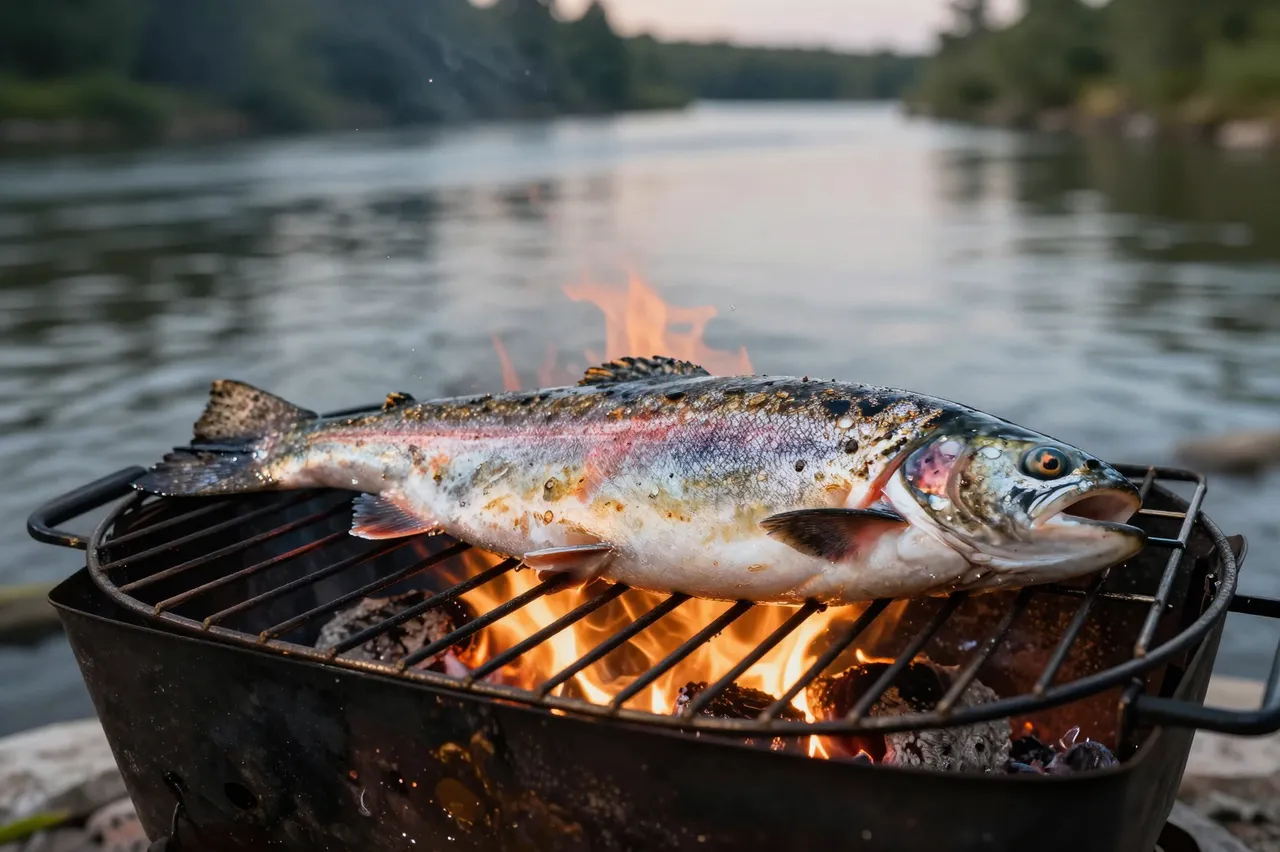 A whole rainbow trout grilling over open flames on a metal grate beside a calm river at dusk