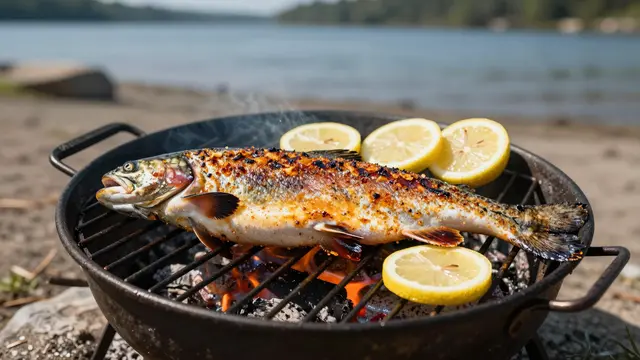 Whole spiced grilled trout with lemon slices cooks over a small campfire grill on a sandy lakeshore