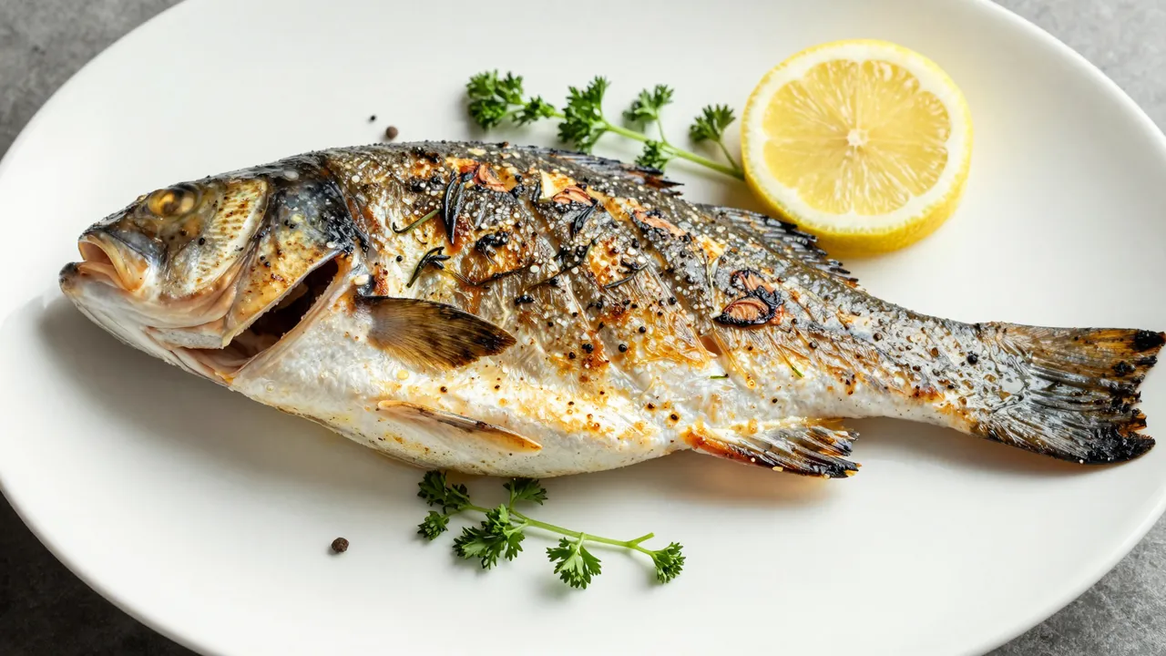 Whole grilled sea bass served on a white plate with a lemon slice and fresh parsley