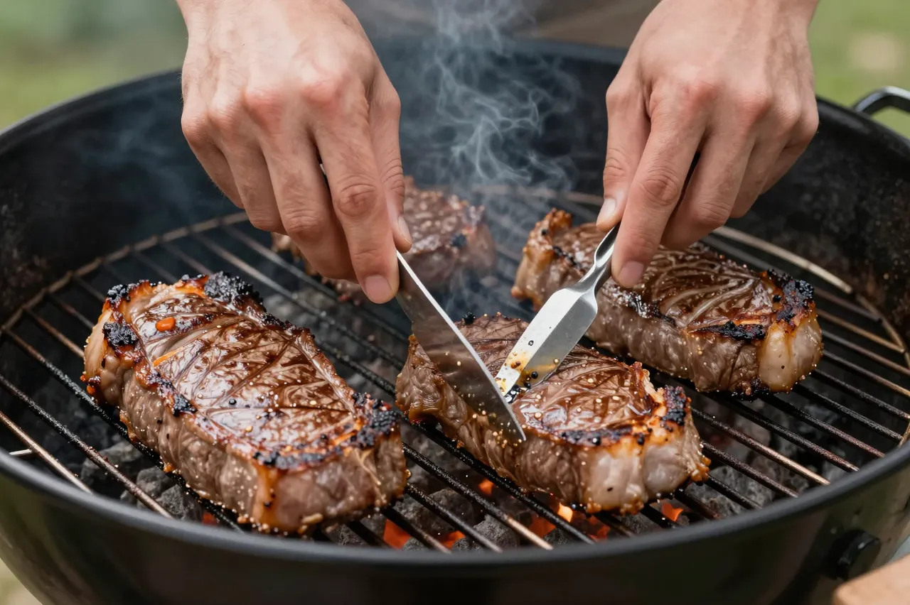 Close-up of a person using utensils to adjust searing steaks on a charcoal kettle grill with rising smoke