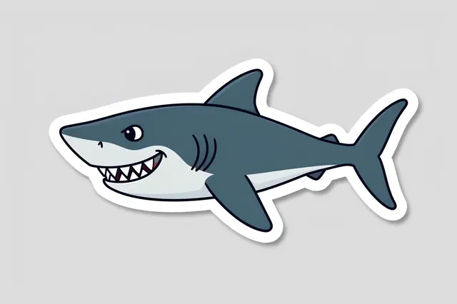 A cute die-cut sticker of a grinning cartoon shark rests on a plain light gray background