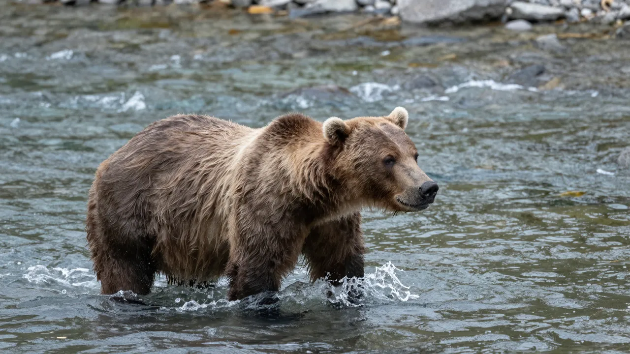 A wet grizzly bear stands partially submerged in a clear shallow rocky river.