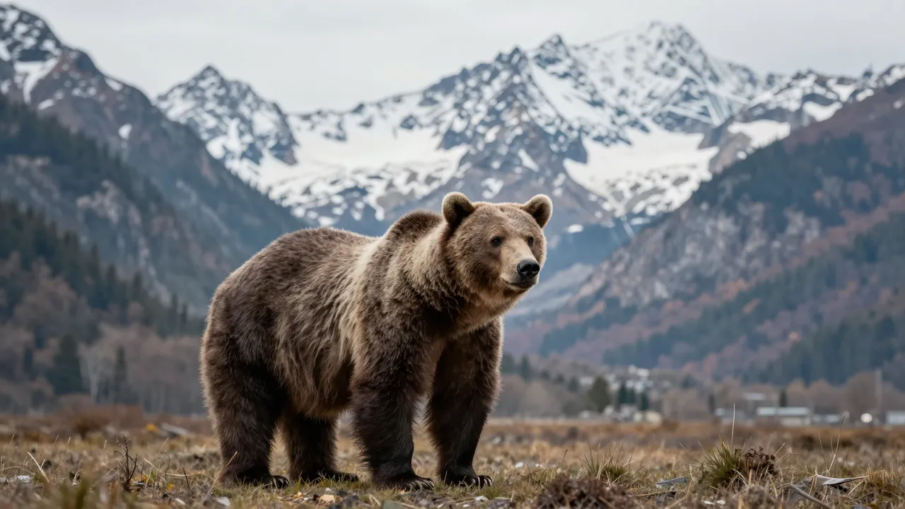 A large grizzly bear stands in a grassy alpine valley with snow-capped mountains behind it