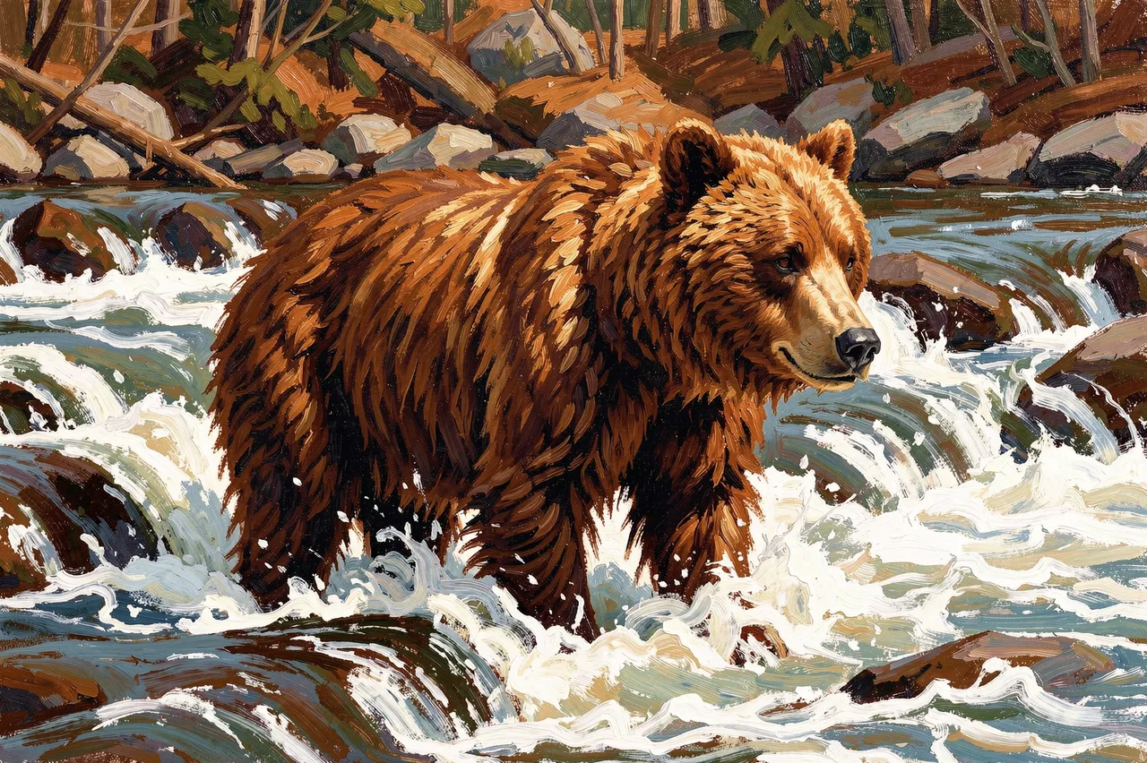An oil painted grizzly bear stands mid-current in a fast flowing rocky forest river.