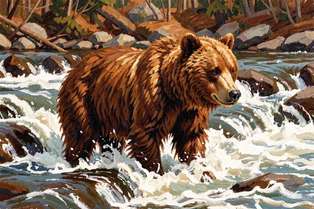 An oil painted grizzly bear stands mid-current in a fast flowing rocky forest river.