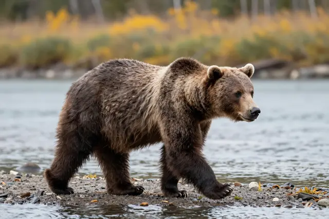 A grizzly bear walks slowly along a pebbled river shore in autumn