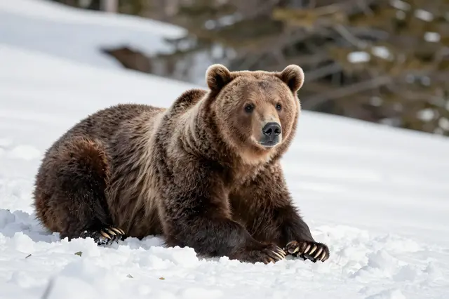 A thick furred grizzly bear rests on a bright snowy forest slope in soft sunshine.