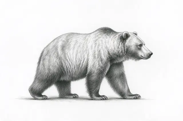 Side view graphite pencil sketch of a walking grizzly bear on plain white paper