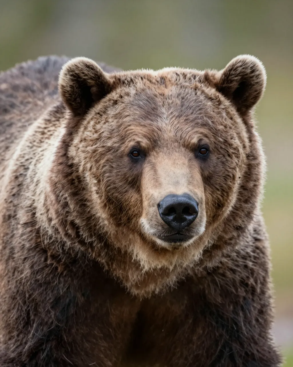 Close-up portrait of a grizzly bear facing the camera in soft diffused natural light
