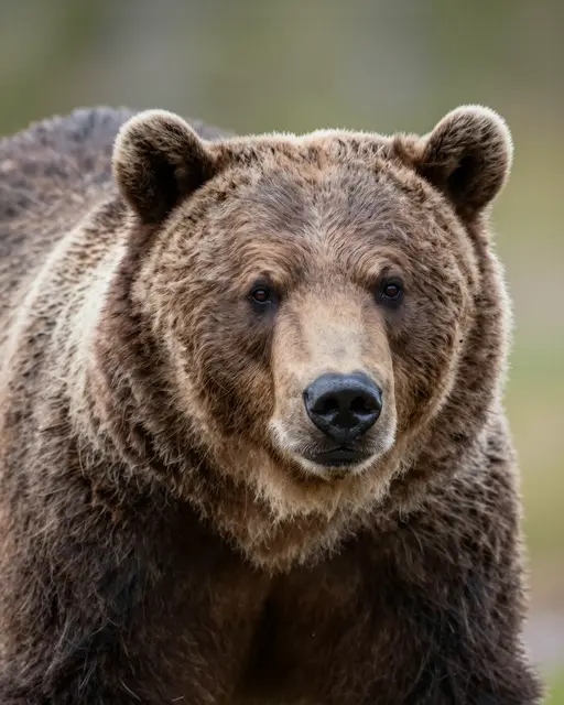 Close-up portrait of a grizzly bear facing the camera in soft diffused natural light