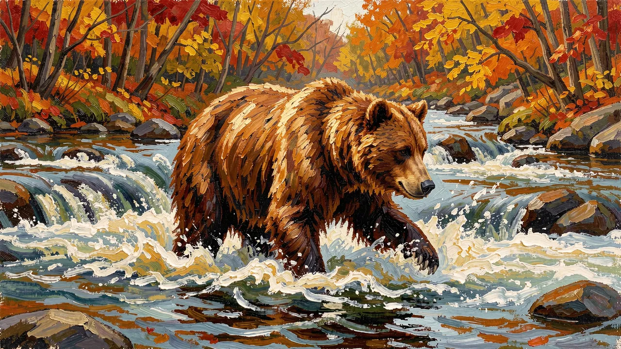Impasto oil painting of a brown bear walking through a fast flowing autumn forest river