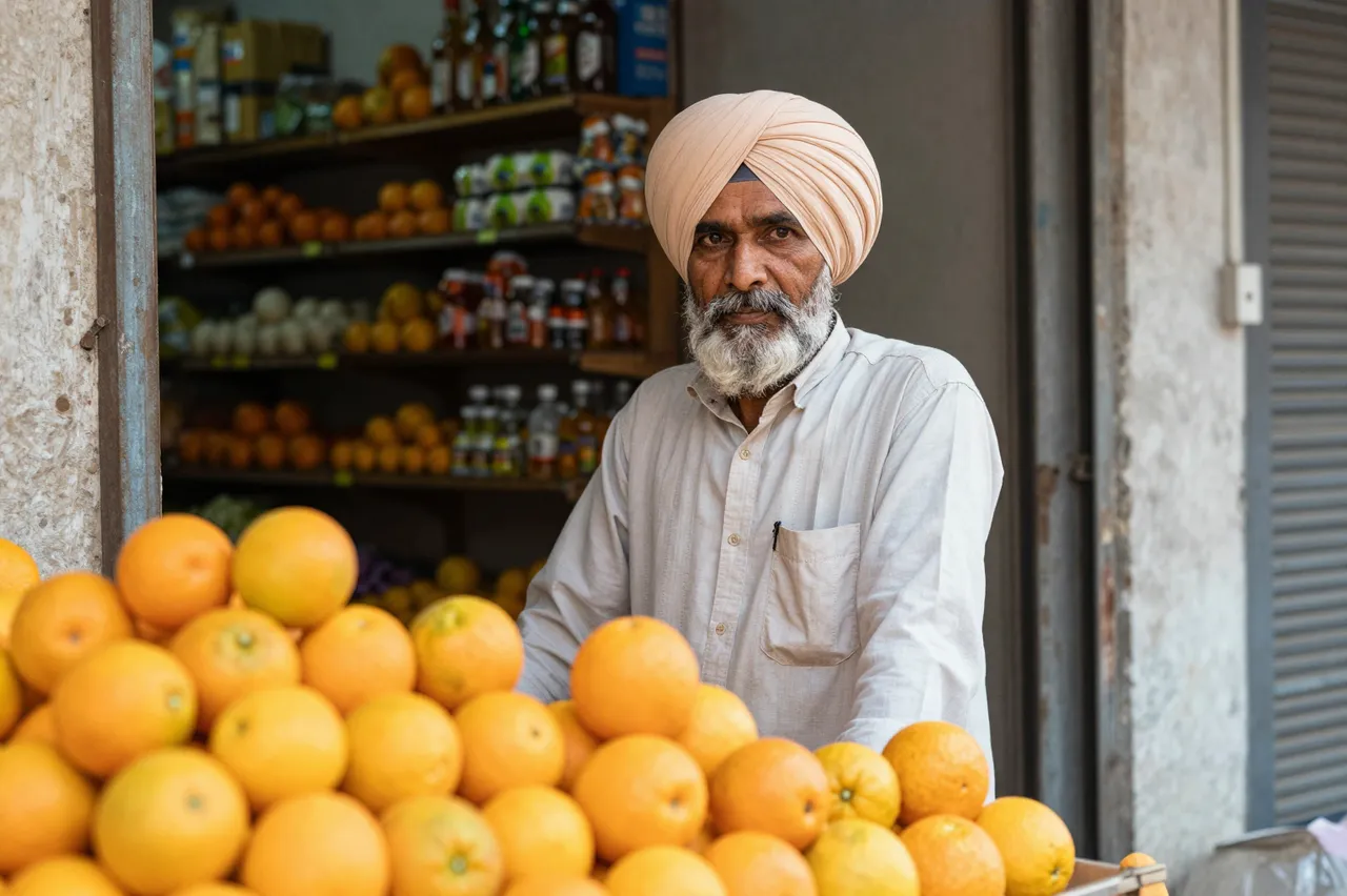 A South Asian Sikh shopkeeper in his fifties stands behind a stack of fresh oranges outside his corner grocery store.